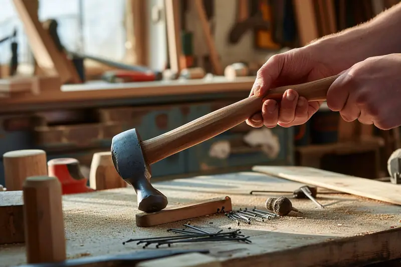 Deux mains tiennent un marteau au-dessus d’une planche, de clous et d’outils sur un établi poussiéreux