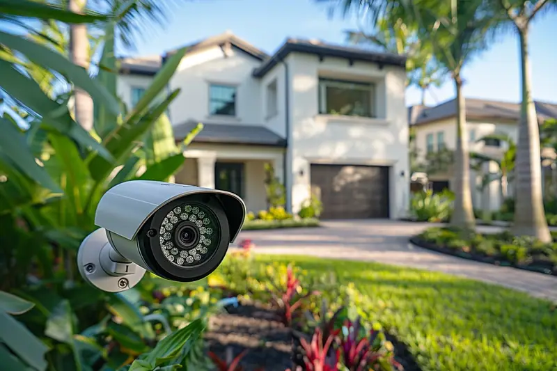 Caméra de surveillance blanche fixée près de plantes, devant une maison avec jardin et allée