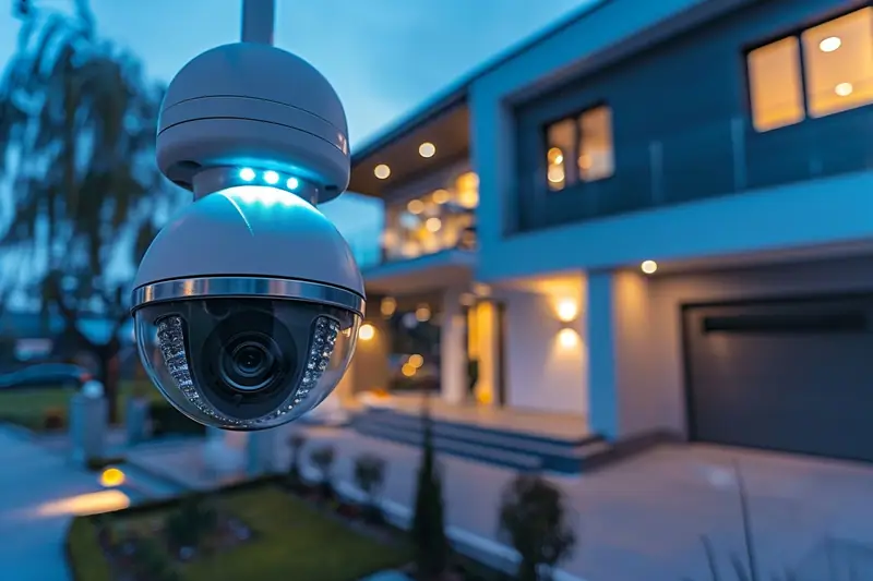 Caméra de surveillance à dôme fixée devant une maison moderne éclairée au crépuscule