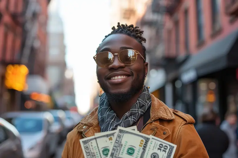 Un homme souriant avec des lunettes de soleil tient des billets de dollars dans une rue