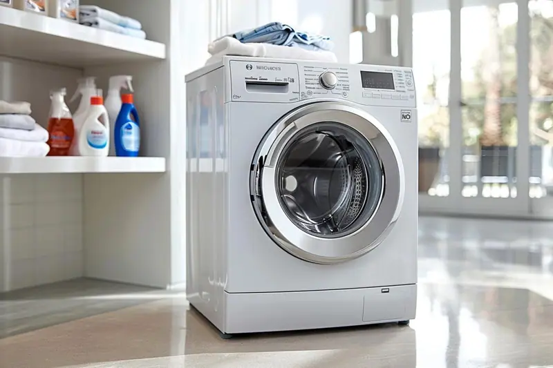 Lave-linge blanc à hublot ouvert dans une buanderie avec produits ménagers sur des étagères