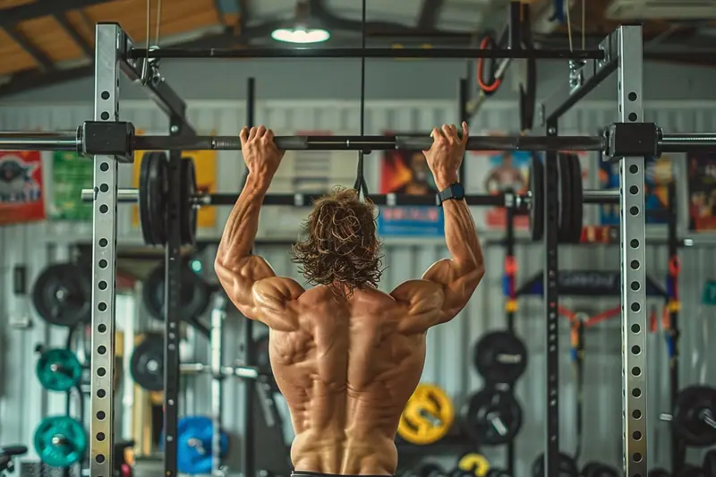 Un homme torse nu se suspend à une barre dans une salle de musculation