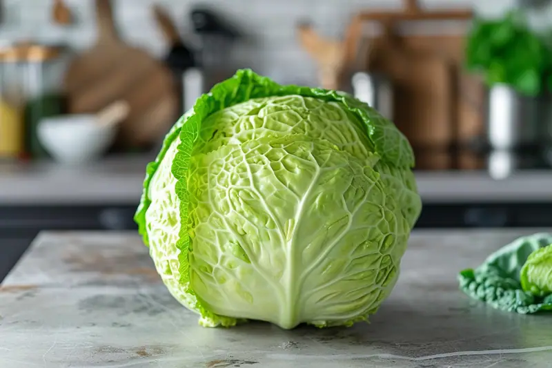 Un chou vert entier posé sur un plan de travail gris, avec une feuille à droite