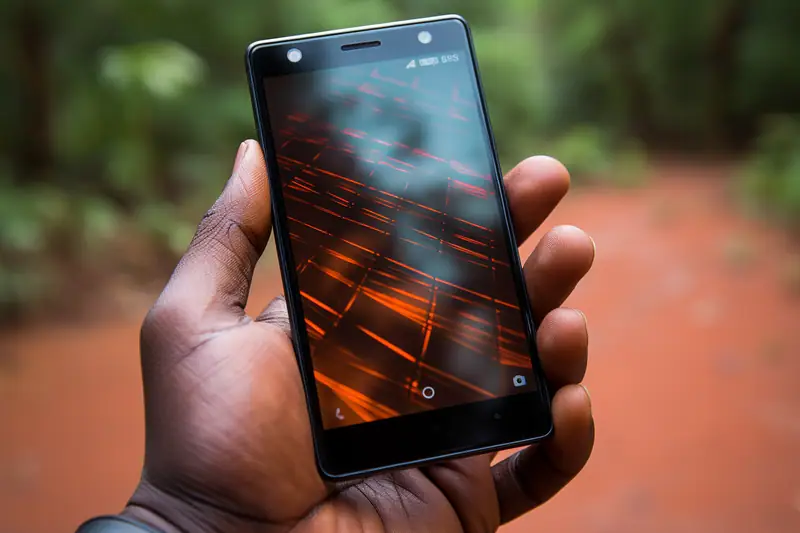 Une main tient un smartphone noir devant un chemin orangé et une végétation floue