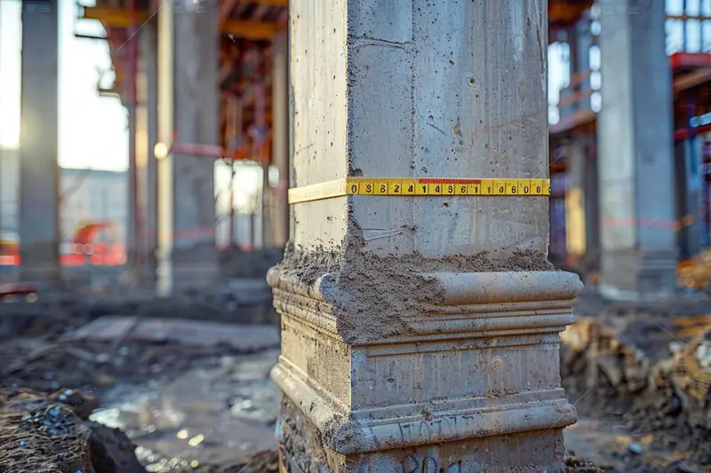 Un mètre ruban jaune entoure la base d’un poteau en béton sur un chantier