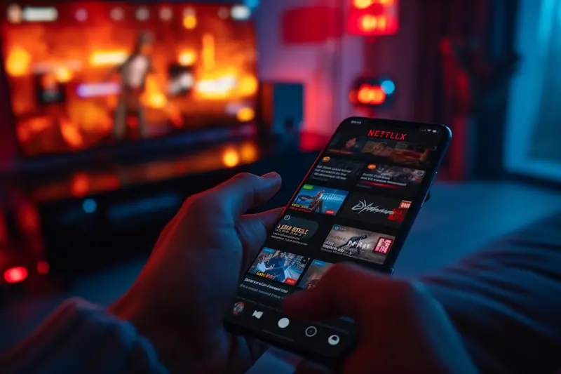 Deux mains tiennent un smartphone affichant une interface Netflix dans une pièce éclairée en rouge et bleu