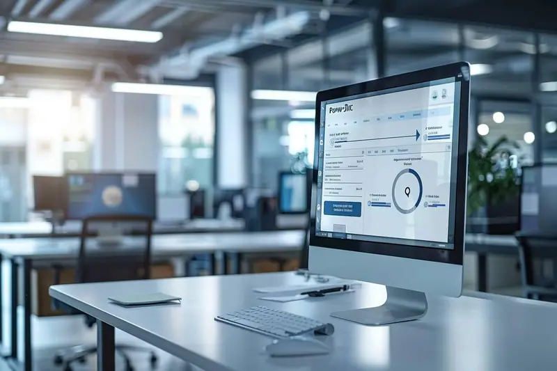Écran d’ordinateur affichant une interface Power BI sur un bureau blanc dans un espace de travail