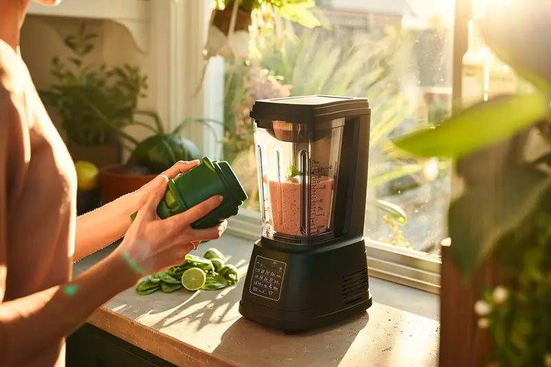 Une personne verse des ingrédients verts dans un blender contenant une préparation rose près d’une fenêtre