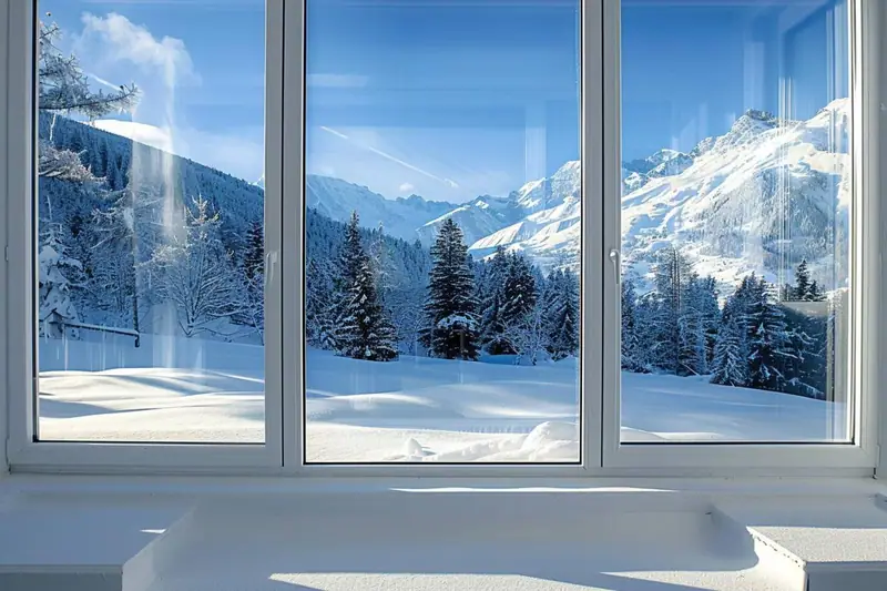Grande fenêtre blanche donnant sur des sapins enneigés et des montagnes sous un ciel bleu