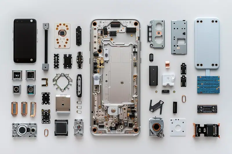 Pièces détachées de smartphone démonté alignées autour d’un châssis métallique central