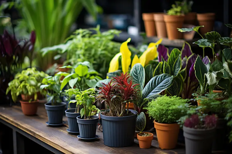Plantes vertes et fleuries en pots alignées sur une table en bois, devant des étagères garnies
