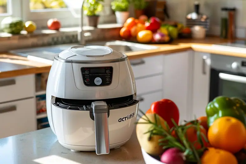 Friteuse blanche sur un plan de travail, devant un bol de légumes colorés dans une cuisine lumineuse