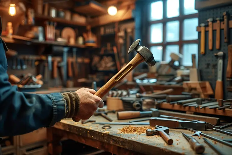 Une main tient un marteau au-dessus d’un établi couvert d’outils et de copeaux de bois