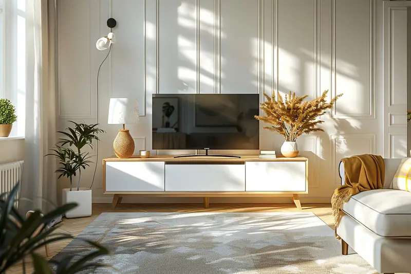 Meuble bas blanc et bois supportant un téléviseur noir dans un salon lumineux