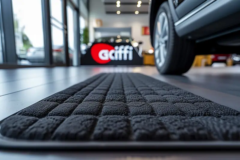Tapis noir matelassé posé au sol devant la roue d’une voiture grise, dans un magasin