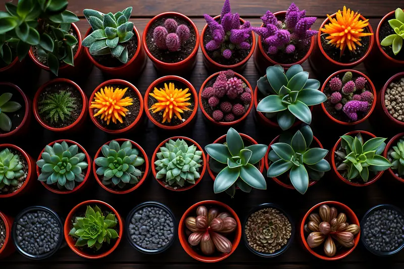 Collection de succulentes et cactus colorés dans de petits pots ronds alignés sur fond sombre
