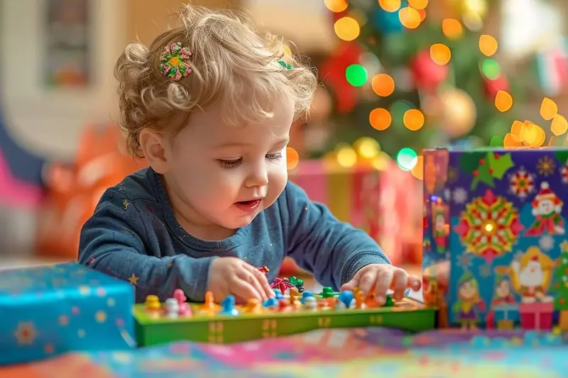 Une petite fille manipule des figurines colorées devant des boîtes décorées, avec un sapin lumineux en arrière-plan