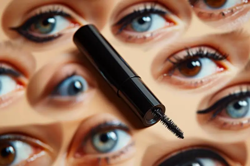 Tube de mascara noir et sa brosse posés sur un montage de gros plans d’yeux maquillés