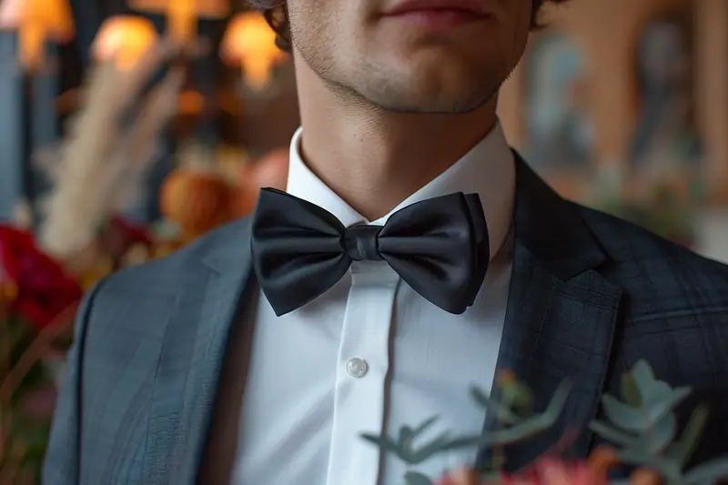Un homme porte un nœud papillon noir, une chemise blanche et une veste sombre devant des fleurs floues