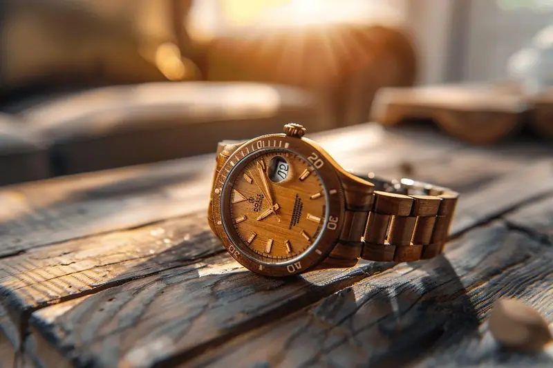 Une montre-bracelet en bois brun repose sur une table en planches usées au soleil