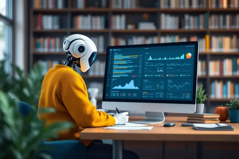 Personne portant un casque blanc écrit devant un écran affichant des graphiques, dans une bibliothèque