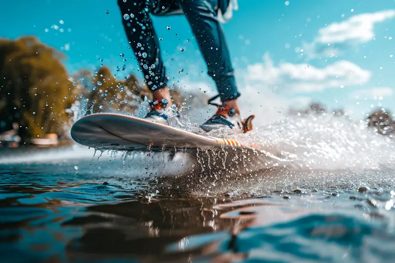Jambes en combinaison noire sur une planche glissant sur l’eau, entourée d’éclaboussures