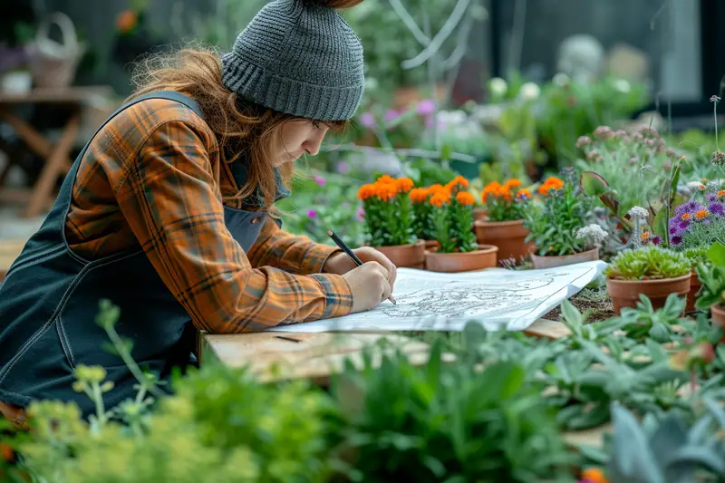 Une personne coiffée d’un bonnet dessine sur une feuille parmi des pots de fleurs colorées