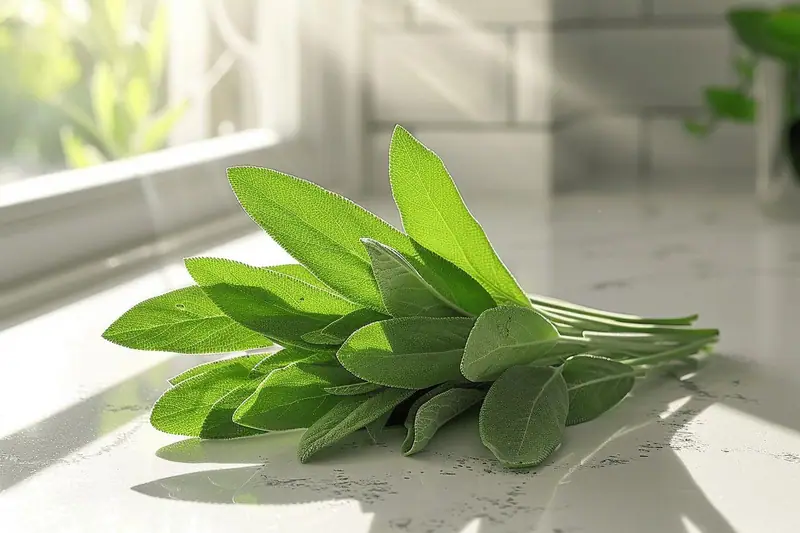 Bouquet de feuilles vertes posé sur un plan de travail blanc près d’une fenêtre