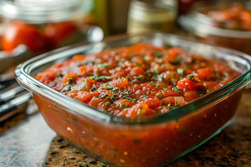 Sauce tomate rouge aux herbes dans un plat rectangulaire en verre posé sur un plan de travail en pierre