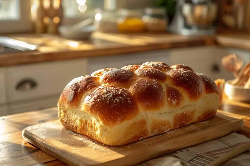 Une brioche dorée repose sur une planche en bois dans une cuisine lumineuse