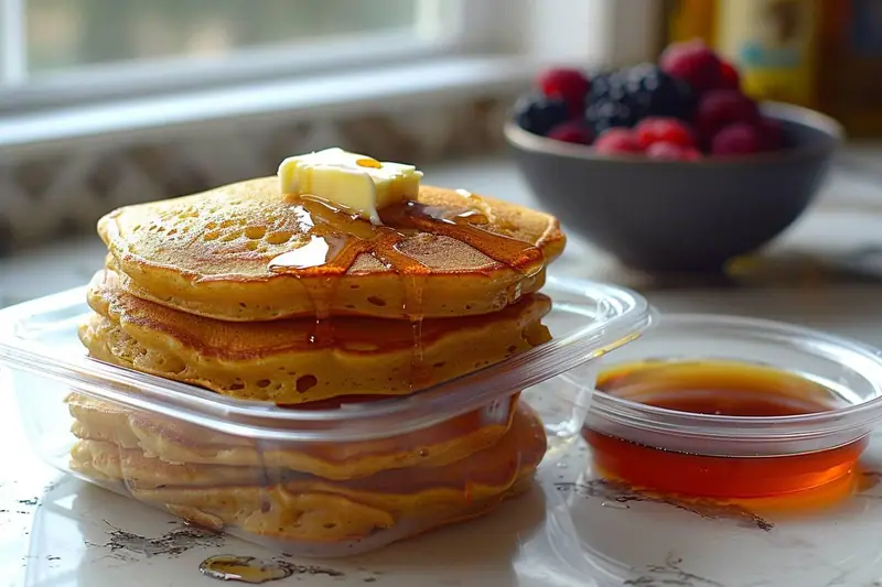 Pile de pancakes au beurre et sirop dans une boîte transparente, près d’un bol de fruits rouges