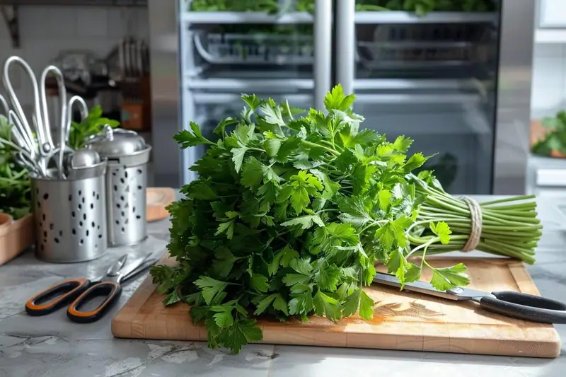 Bouquet de persil sur une planche en bois, près de ciseaux et couteaux de cuisine