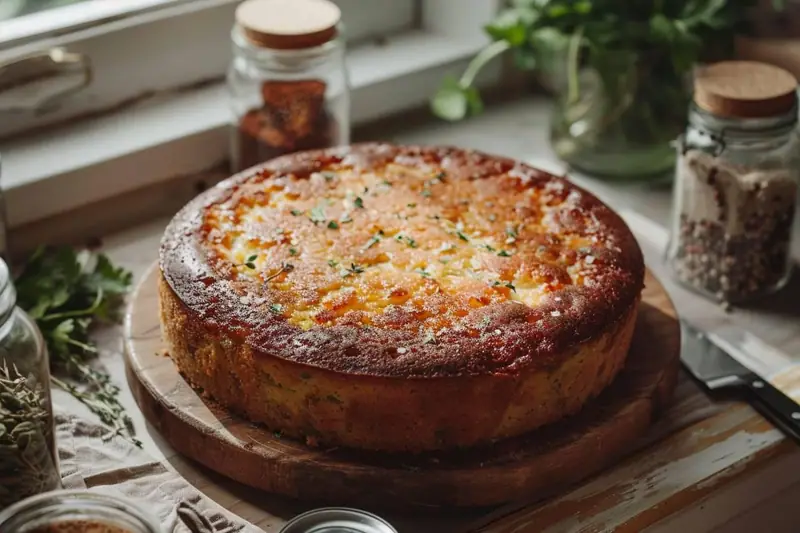 Cake salé rond doré posé sur une planche en bois, entouré de bocaux d’herbes et d’épices