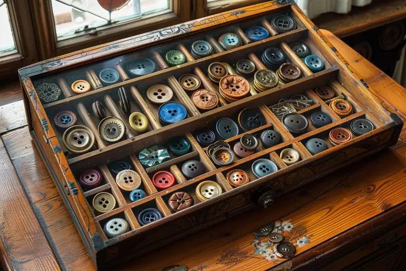 Boîte compartimentée remplie de boutons multicolores posée sur une table en bois près d’une fenêtre