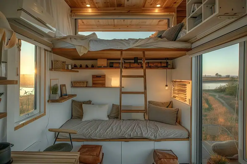 Intérieur en bois clair avec lits superposés, banquette, échelle centrale et grandes fenêtres ouvertes sur les champs