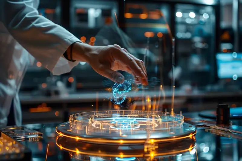 Une main en blouse blanche manipule un hologramme bleu au-dessus d’une table circulaire lumineuse