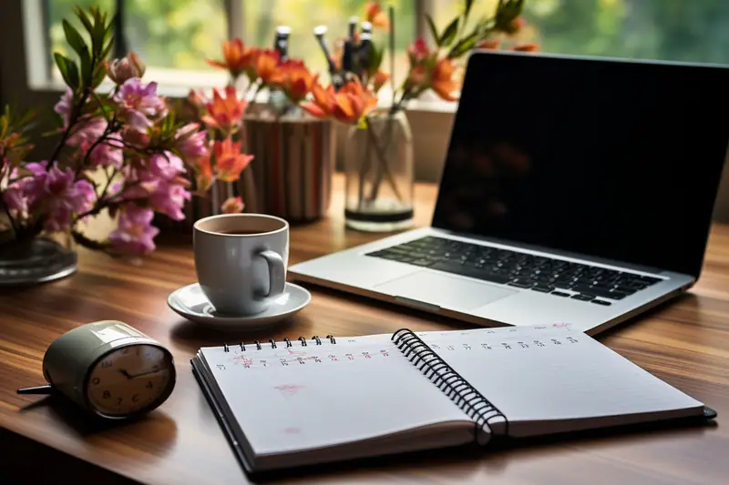 Un ordinateur portable, un agenda ouvert, une tasse et un réveil sont posés sur une table en bois