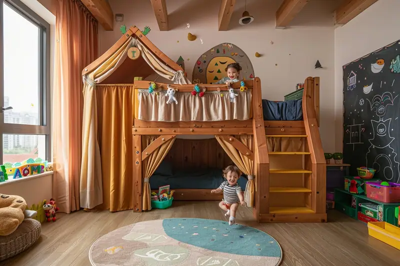 Un enfant court devant un lit mezzanine en bois décoré de rideaux et jouets colorés