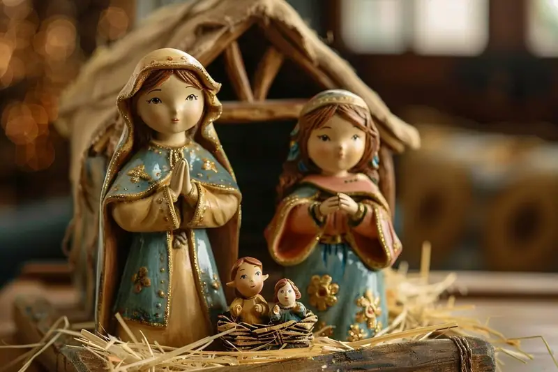 Deux figurines peintes prient devant une petite crèche en bois garnie de paille