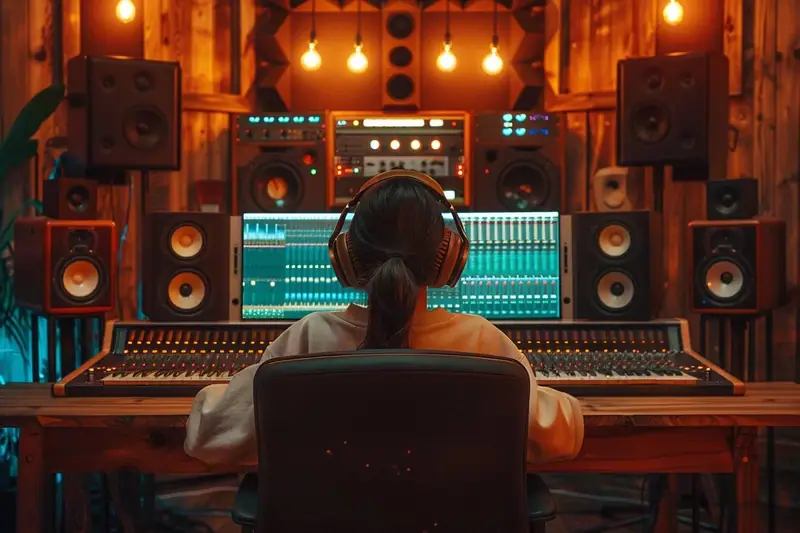 Personne casquée assise devant une console de mixage, entourée d’enceintes et d’éclairages orangés