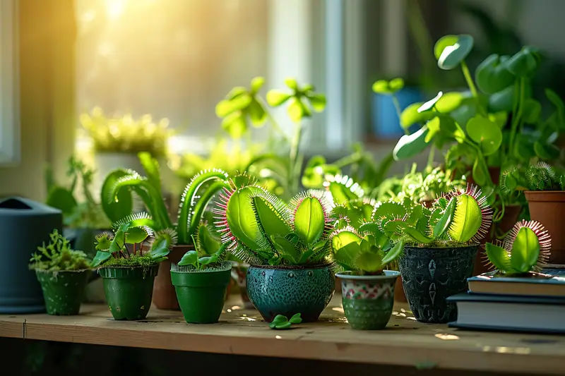 Plusieurs plantes carnivores en pots verts et décorés sont alignées sur une table en bois près d’une fenêtre