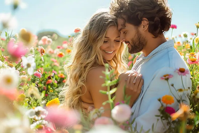 Une femme et un homme se serrent dans un champ de fleurs colorées