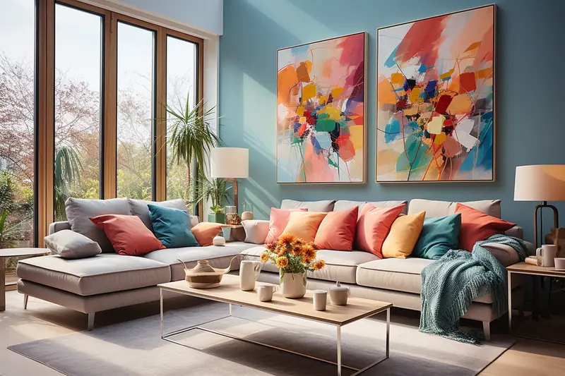 Salon lumineux avec canapé gris, coussins colorés et deux tableaux abstraits sur mur bleu