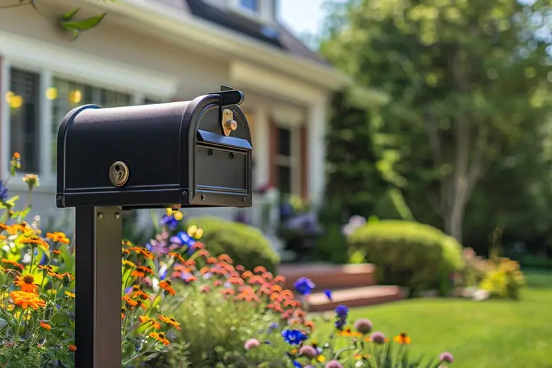 Boîte aux lettres noire sur pied devant une maison entourée de fleurs colorées et d’arbustes