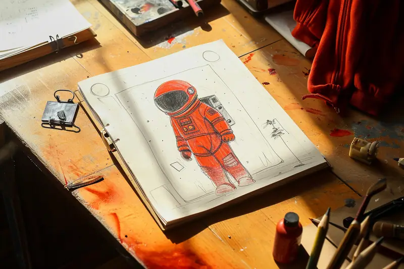 Carnet ouvert sur un bureau taché de peinture, montrant un personnage rouge dessiné au crayon