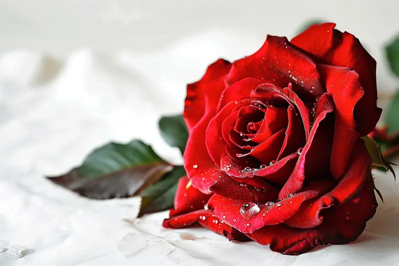 Rose rouge couverte de gouttes d’eau posée sur une surface blanche, avec feuilles vertes foncées