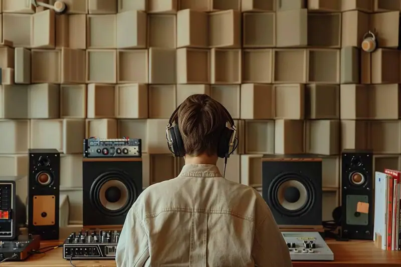 Une personne portant un casque fait face à des enceintes devant un mur de panneaux acoustiques