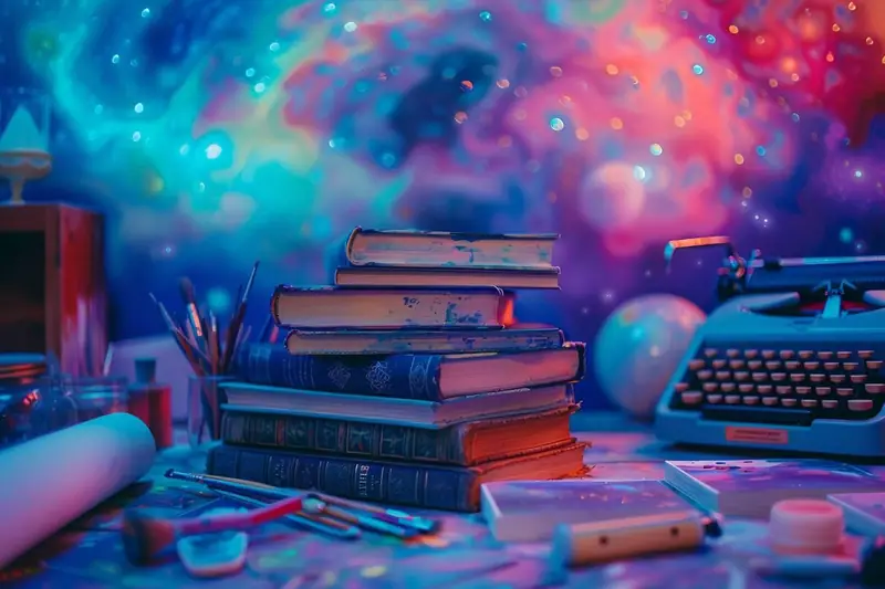 Pile de livres anciens, machine à écrire et pinceaux sur un bureau aux couleurs néon