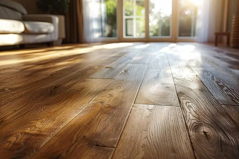 Planches de bois brun au premier plan dans un salon éclairé par de grandes fenêtres