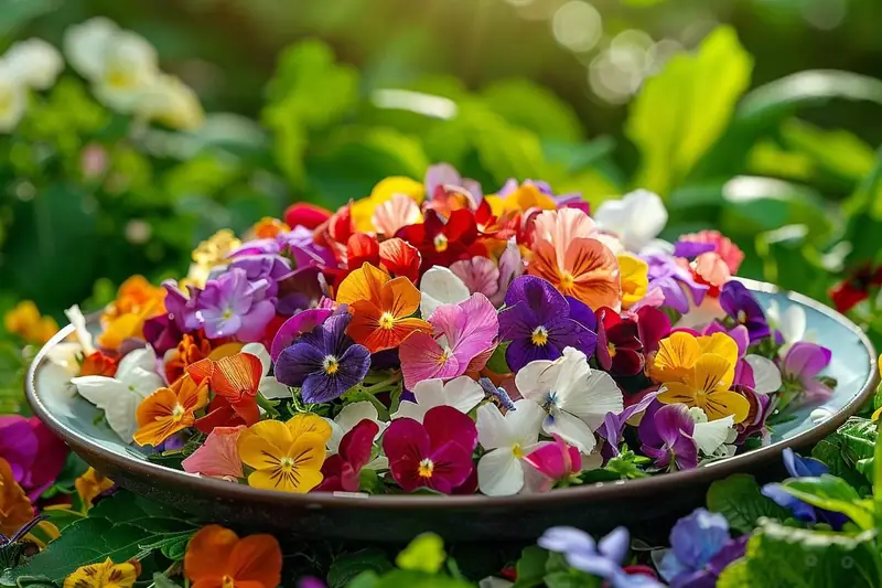 Assiette creuse remplie de fleurs multicolores posée parmi des feuilles vertes au jardin